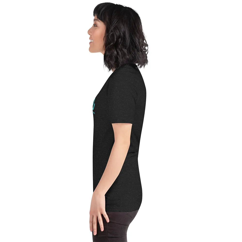 Woman wearing a black t-shirt with a colorful design on a white background