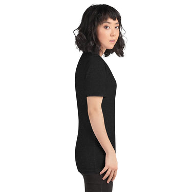 Woman wearing a black t-shirt on a white background