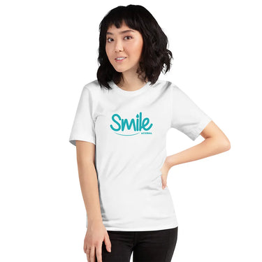 Person wearing a white t-shirt with 'Smile' text on a white background