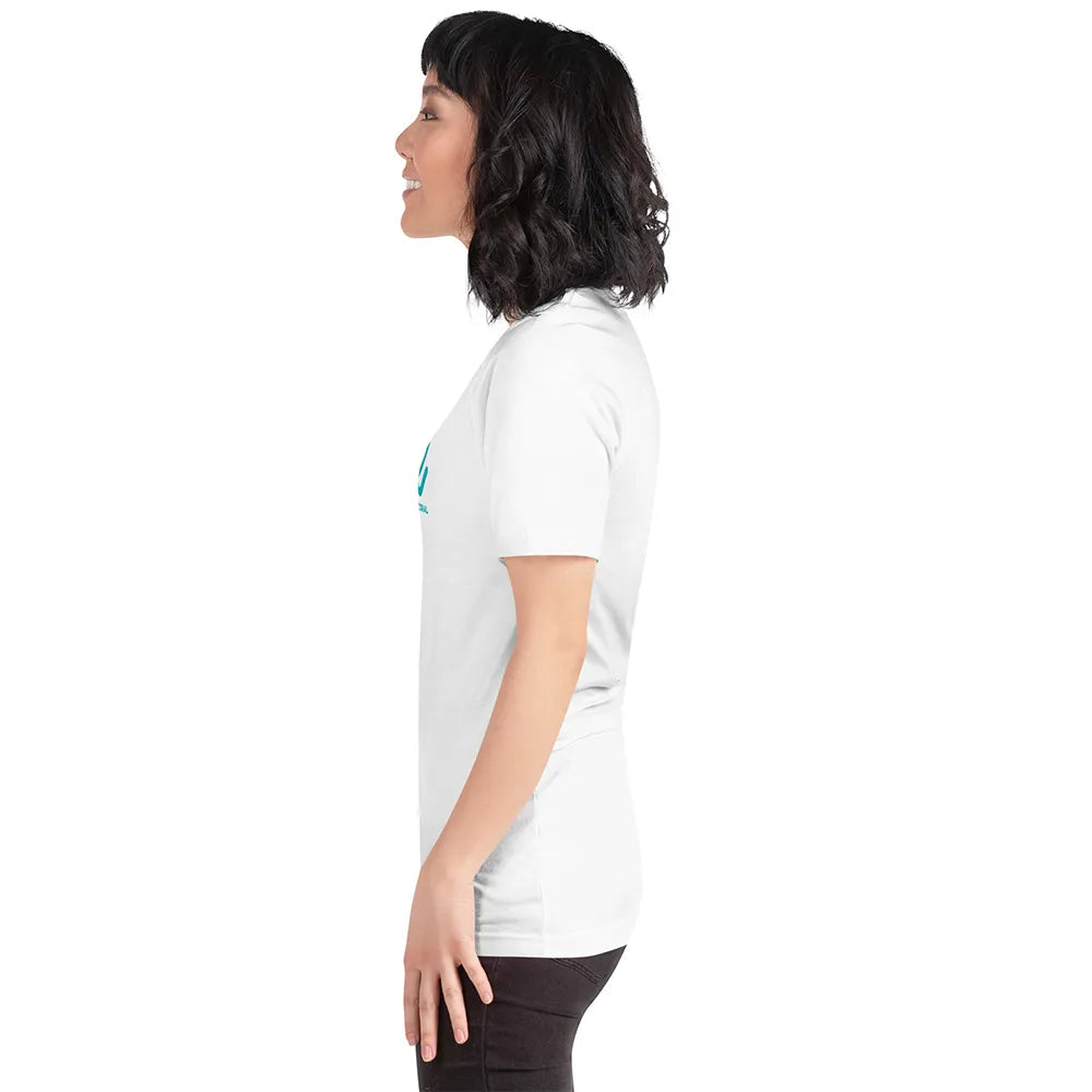 Woman wearing a white t-shirt with a logo on a white background