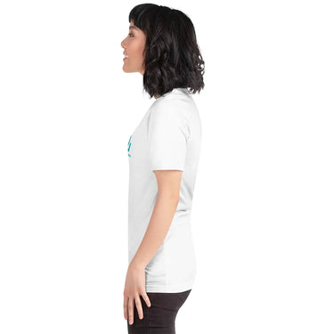 Woman wearing a white t-shirt with a logo on a white background