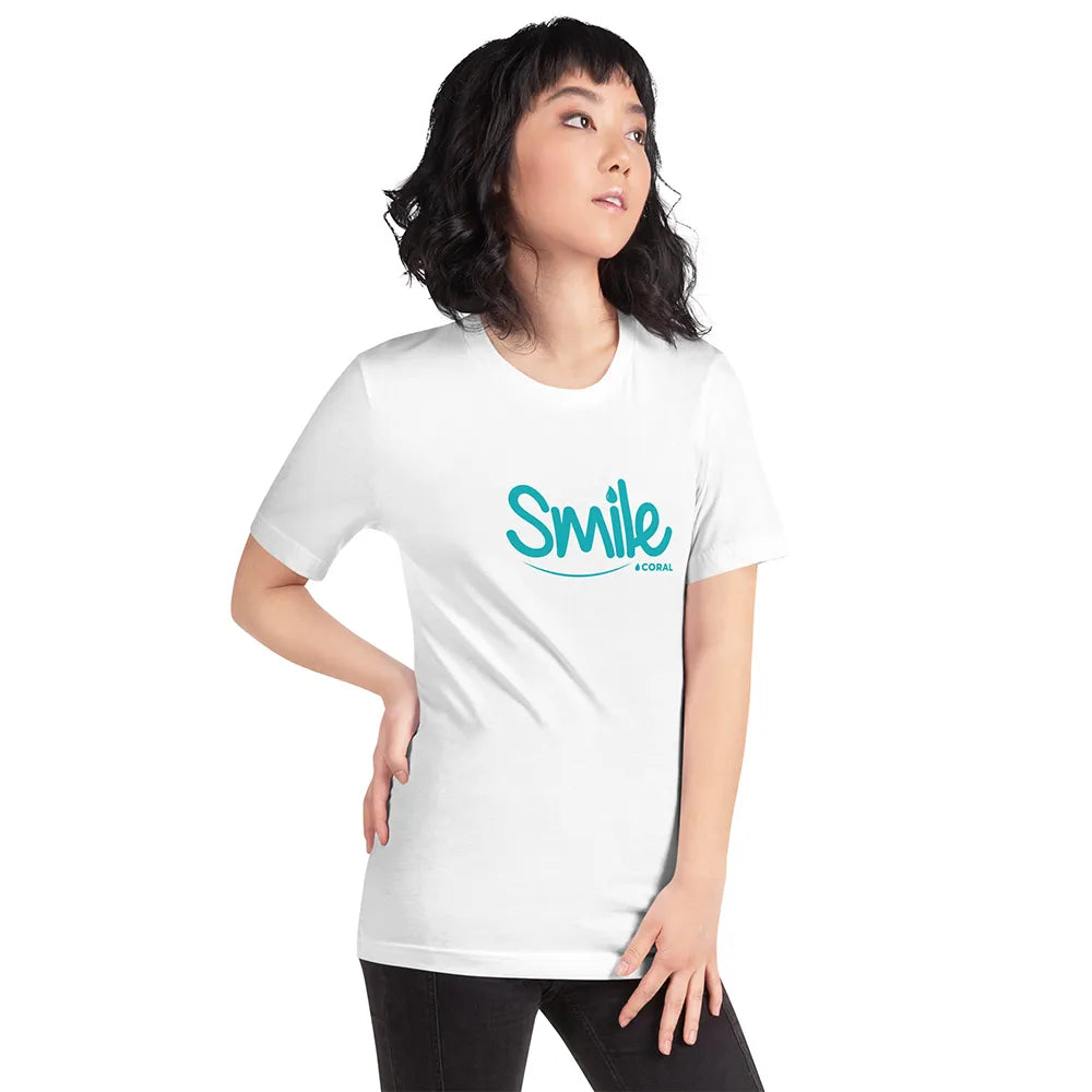 Person wearing a white t-shirt with 'Smile' logo on a white background