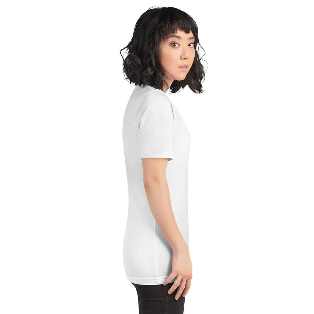 Person wearing a plain white t-shirt on a white background
