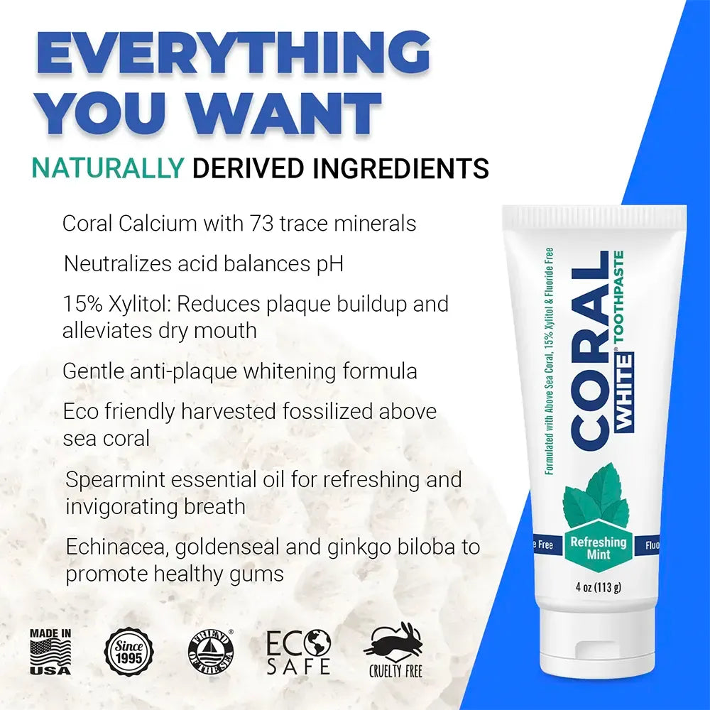 Coral White Toothpaste infographic highlighting naturally derived ingredients like coral calcium, xylitol, spearmint oil, and herbal extracts for oral and gum health.