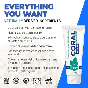 Coral White Toothpaste infographic highlighting naturally derived ingredients like coral calcium, xylitol, spearmint oil, and herbal extracts for oral and gum health.