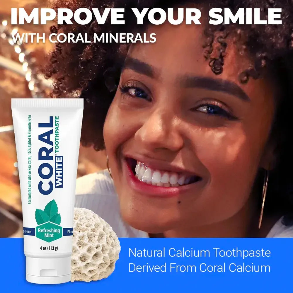 Smiling woman with Coral White Toothpaste featuring natural calcium from coral minerals for whiter, healthier teeth.