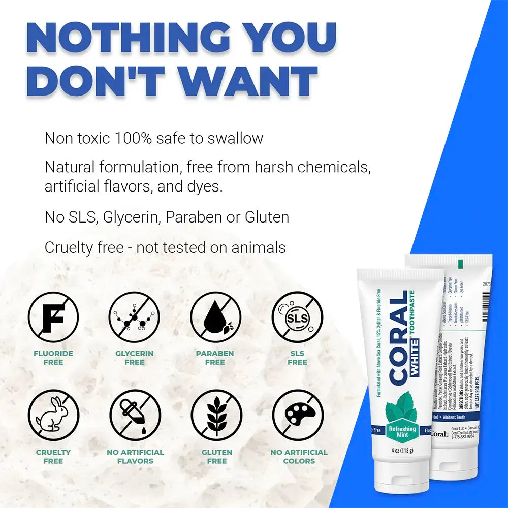 Coral White Toothpaste infographic highlighting fluoride-free, SLS-free, paraben-free, glycerin-free, cruelty-free, and gluten-free natural formulation.