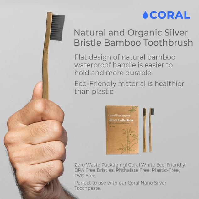 Natural and Organic Silver Bristle Bamboo Toothbrush - 4 Pack