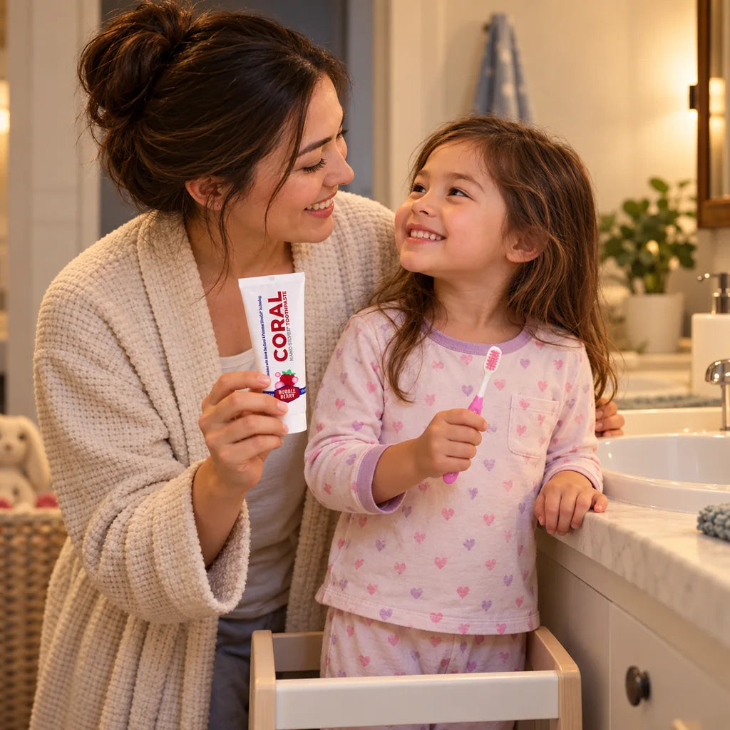 Illustrative photo: a mother holding Coral Bubble Berry toothpaste smiles with her child holding a toothbrush at the bathroom sink
