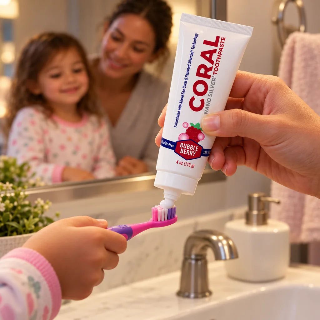 Illustrative photo: a close view of Coral Bubble Berry toothpaste being placed on a child toothbrush, with mother and child behind