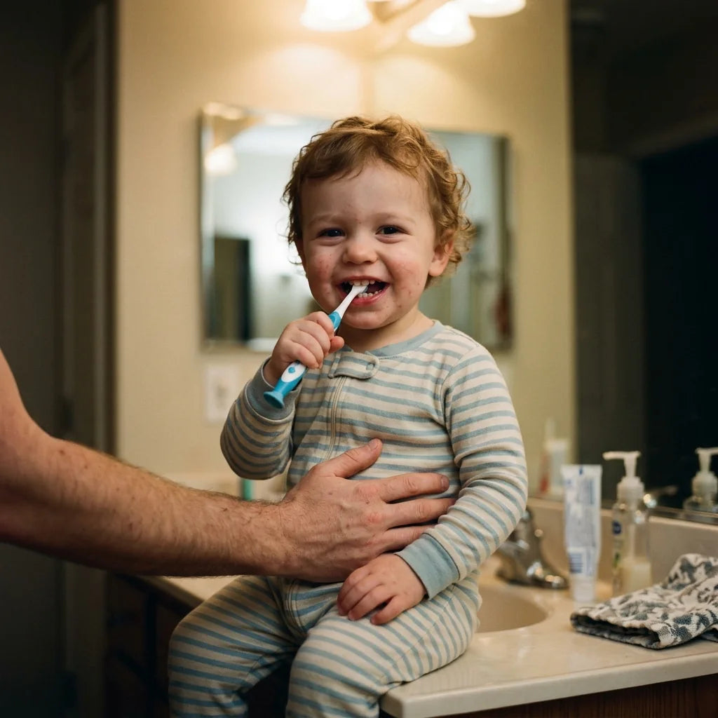 Illustration: a smiling toddler brushing with a parent supporting them