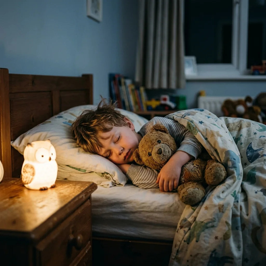 Illustration: a child asleep with a teddy bear under a warm nightlight