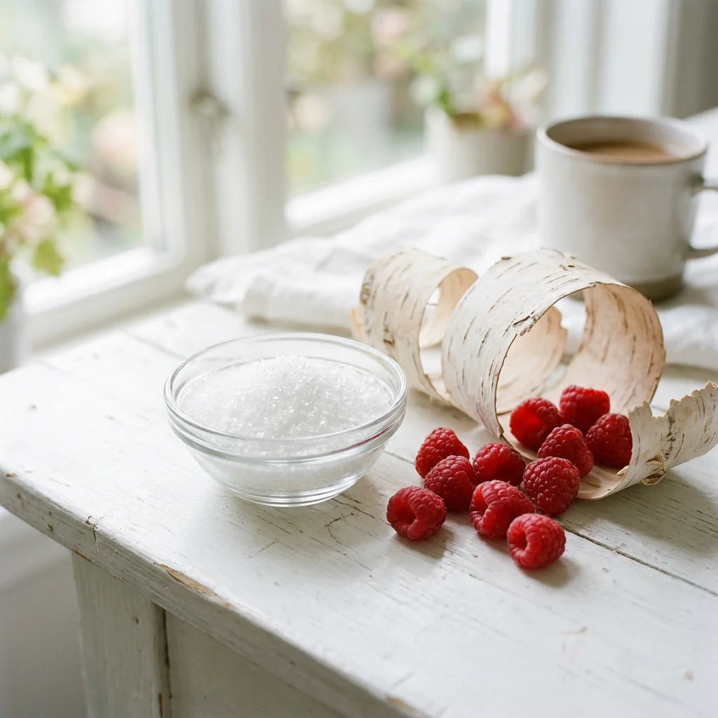 Illustration: xylitol crystals beside fresh raspberries and birch bark