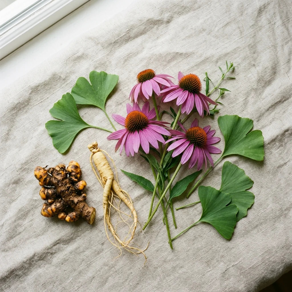 Illustration: echinacea, ginkgo leaves, goldenseal and ginseng root