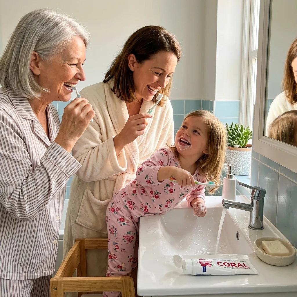 Illustration: three generations brushing their teeth with Coral Bubble Berry on the counter