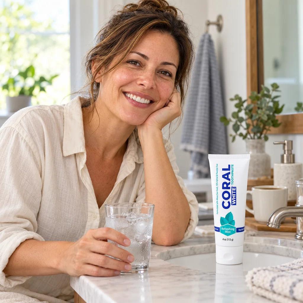 Illustrative photo: a woman with a natural smile beside a glass of cold water and Coral White Mint toothpaste at a bathroom sink