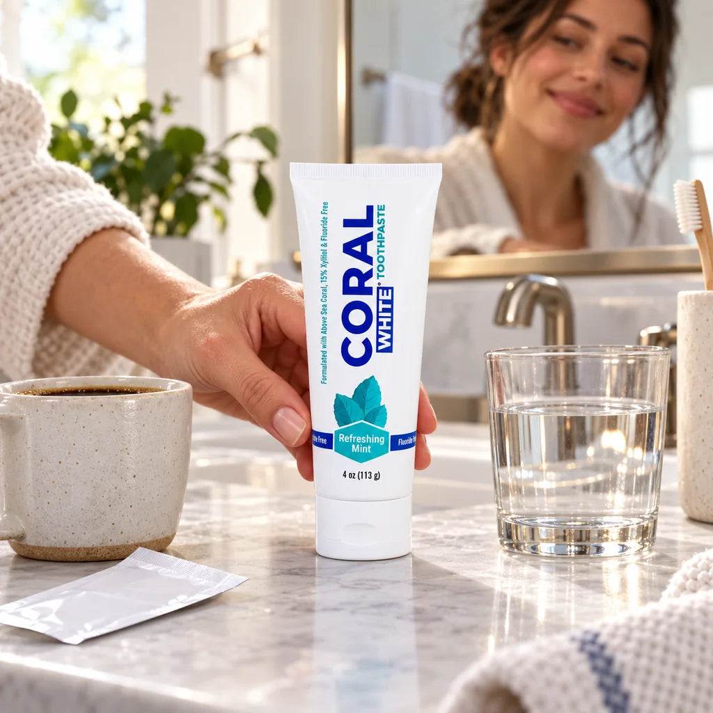 Illustrative photo: Coral White Mint toothpaste beside coffee and water, with a woman smiling in the bathroom mirror