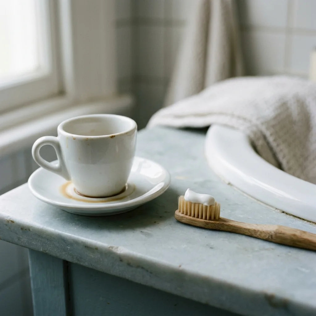 Illustration: coffee cup with a faint stain ring beside a toothbrush with toothpaste