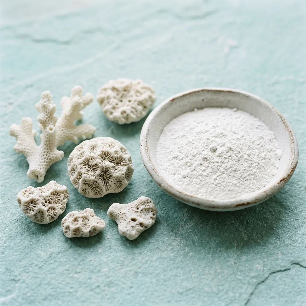 Illustration: fossilized white coral and fine mineral powder
