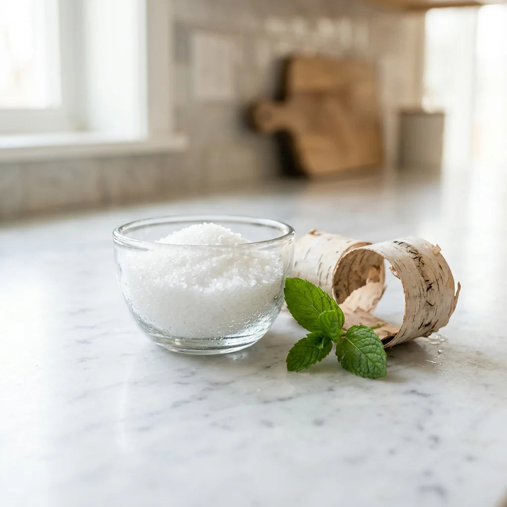 Illustration: xylitol crystals beside birch bark and fresh mint