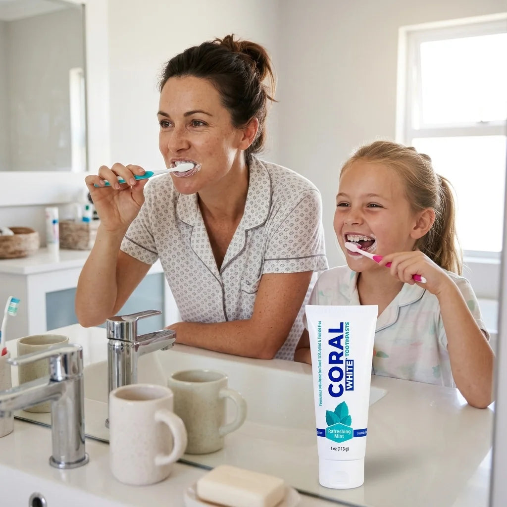 Illustration: a mother and daughter brushing their teeth with Coral White on the counter