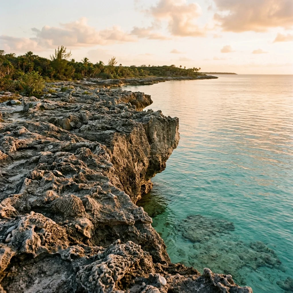 Illustration: a raised fossil coral shoreline above the sea at golden hour